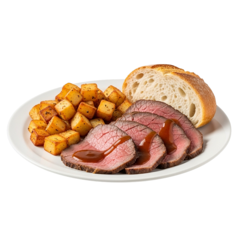 Deliciously sliced roast beef with crispy potatoes and crusty bread on a plate isolated on transparent background png