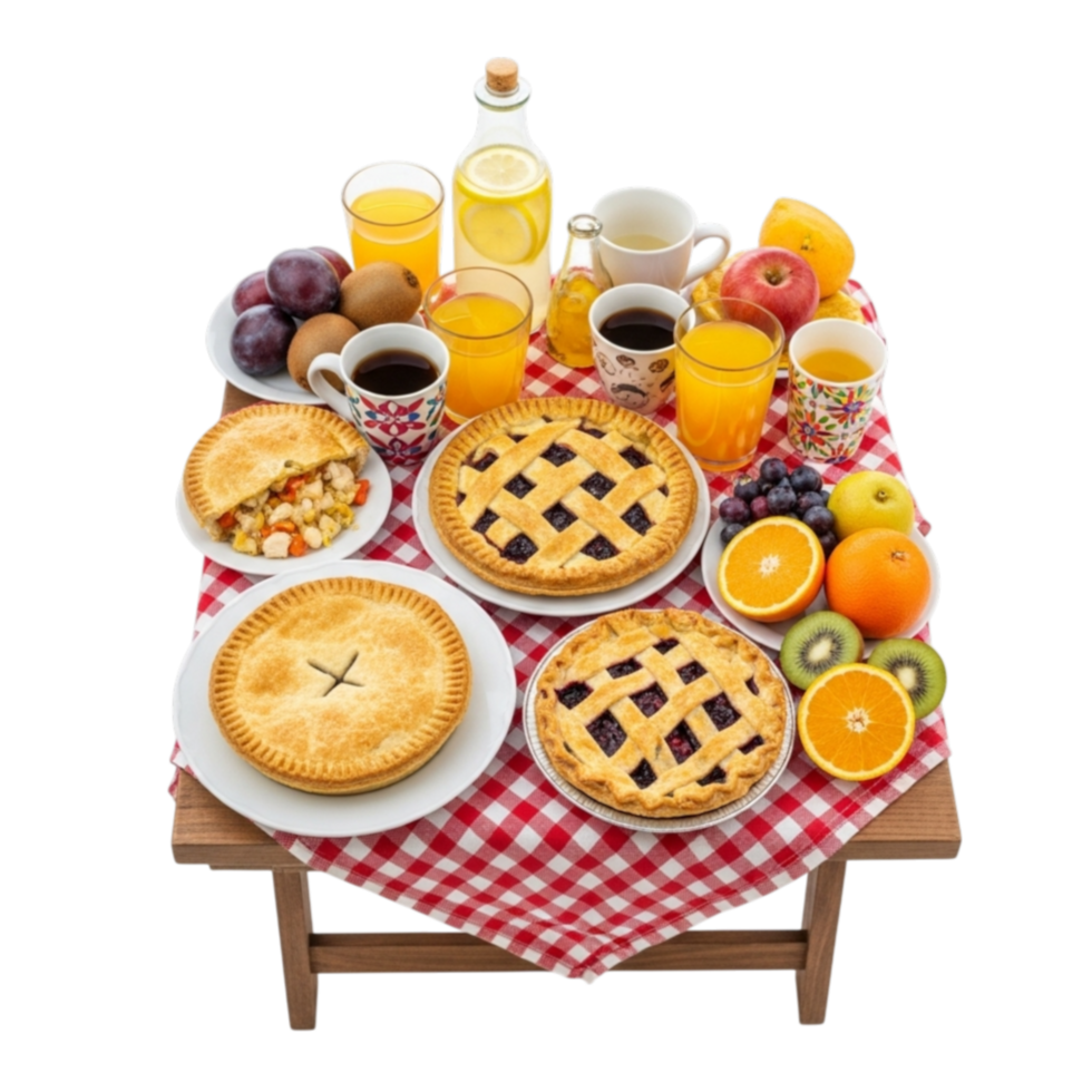 Abundant breakfast spread featuring pies fruits coffee and juice on a picnic table isolated on transparent background png