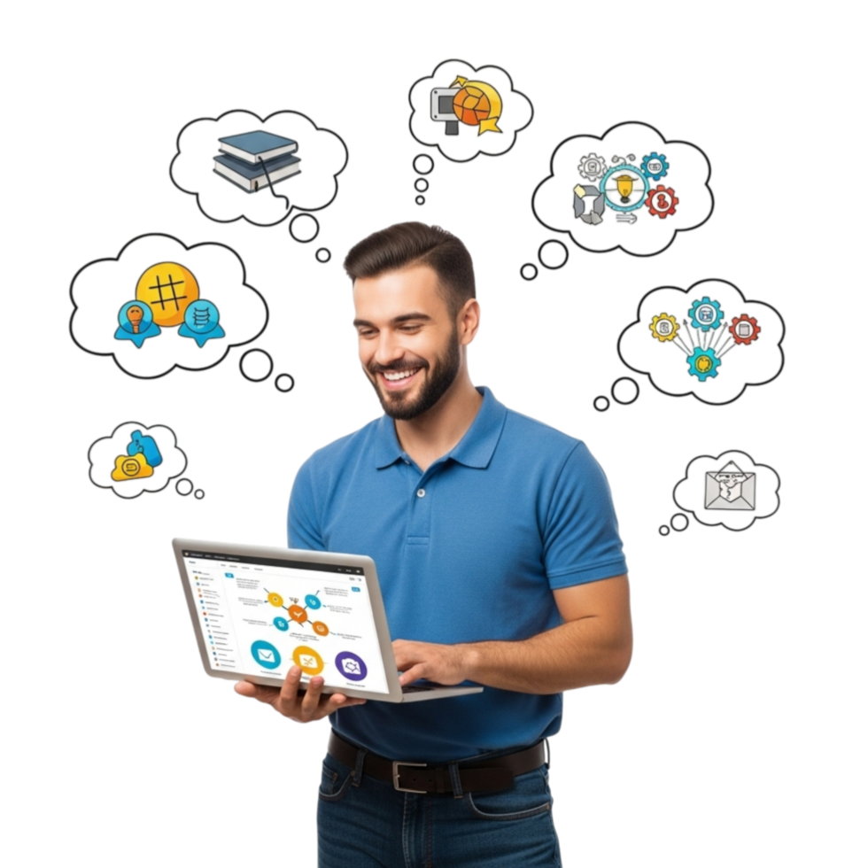 Smiling man with beard using a laptop surrounded by thought bubbles with various business and technology icons isolated on transparent background png