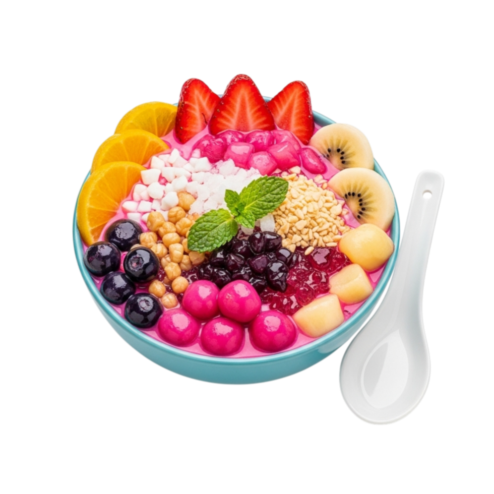 Vibrant and healthy fruit smoothie bowl topped with fresh berries sliced bananas and mango isolated on transparent background png