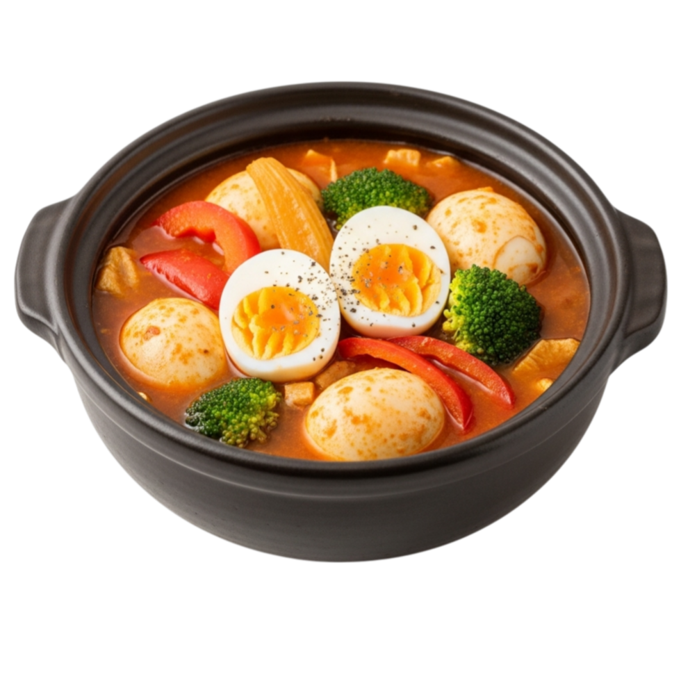 Hearty and flavorful hot pot dish with eggs broccoli tomatoes and meatballs isolated on transparent background png