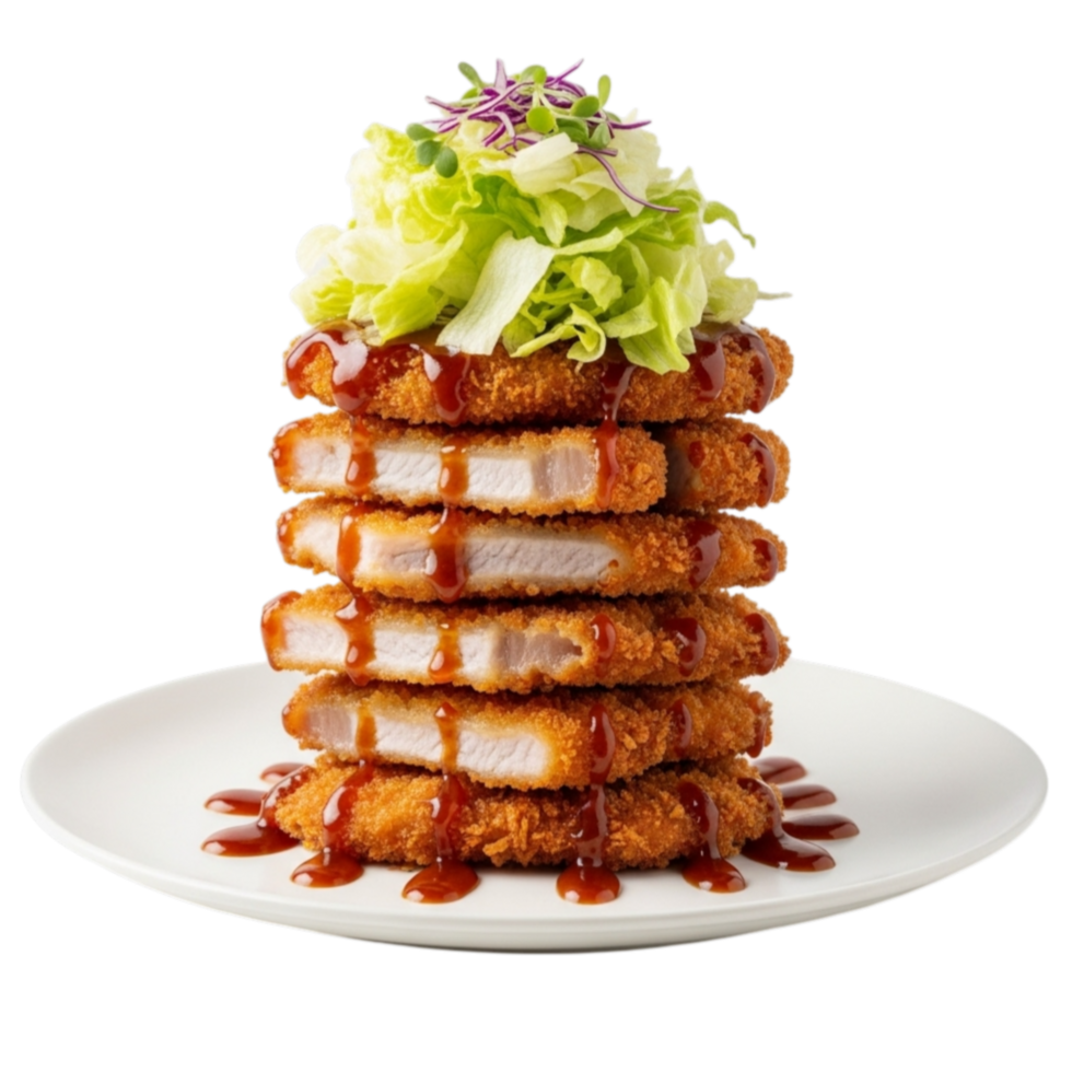 Tall stack of crispy fried chicken cutlets drizzled with savory sauce and topped with fresh lettuce isolated on transparent background png