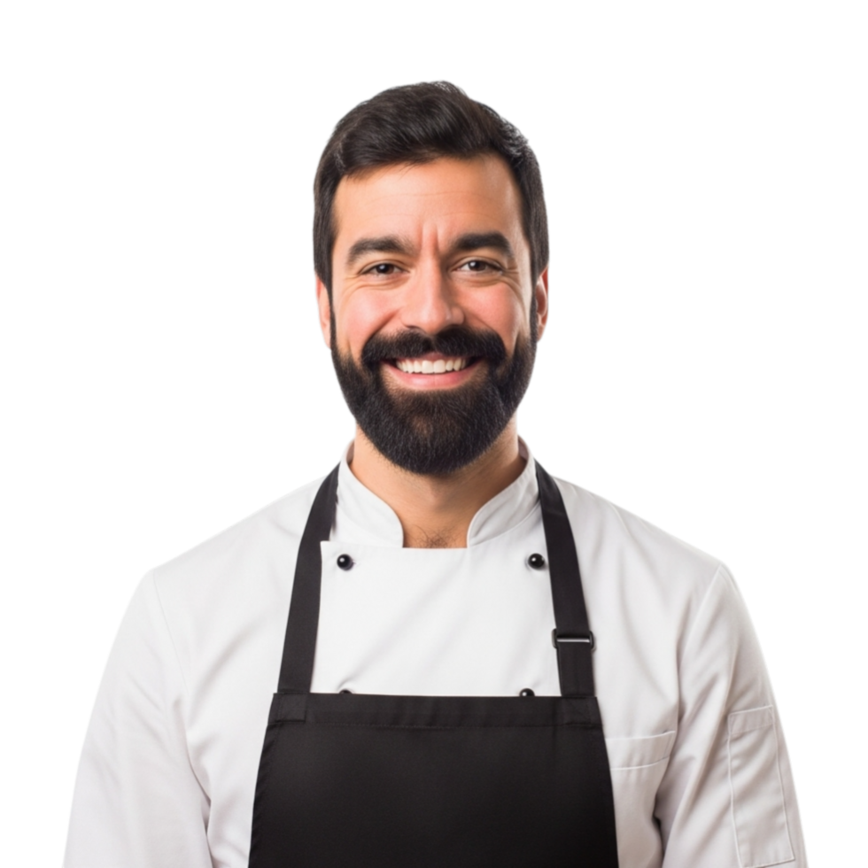 Smiling bearded chef in black apron and white uniform isolated on transparent background png