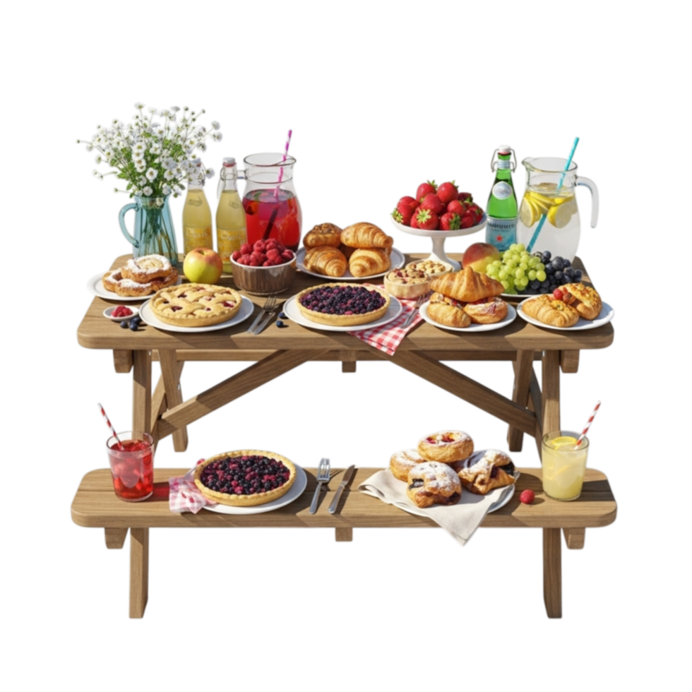 Abundant summer picnic feast with assorted pastries fruits and refreshing beverages on a wooden table isolated on transparent background png