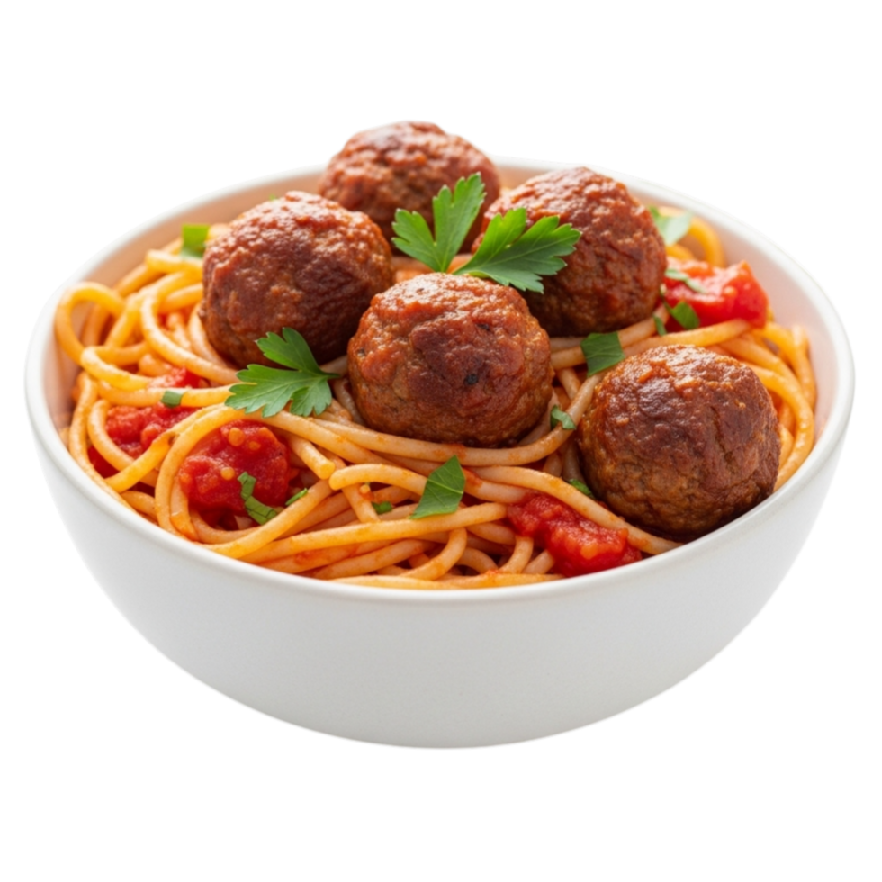 Delicious spaghetti and meatballs in a white bowl with fresh parsley isolated on transparent background png