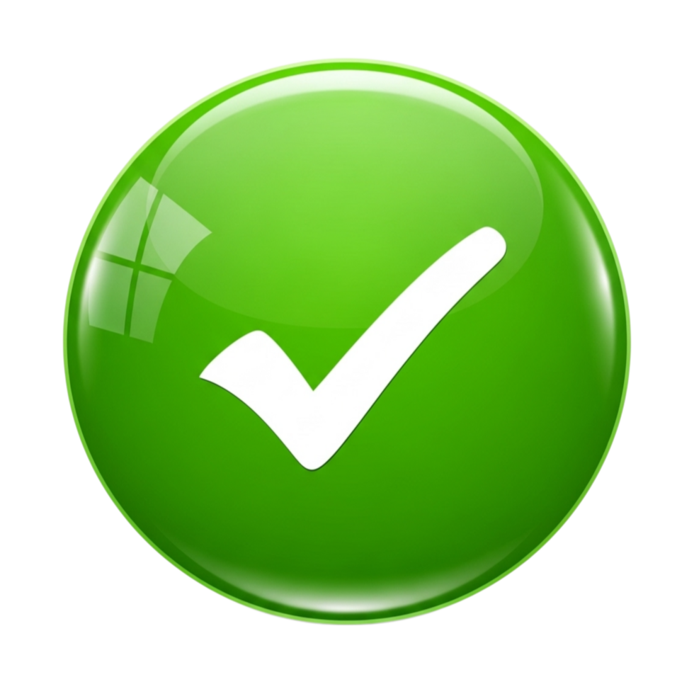 Glossy green circle with a white checkmark symbol indicating success and approval isolated on transparent background png