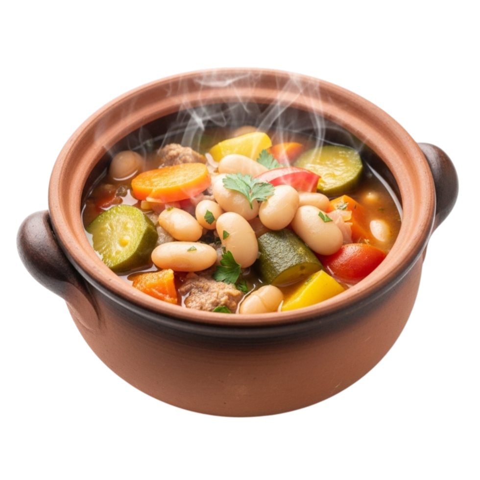 Hearty and healthy vegetable bean stew served in a rustic terracotta pot isolated on transparent background png