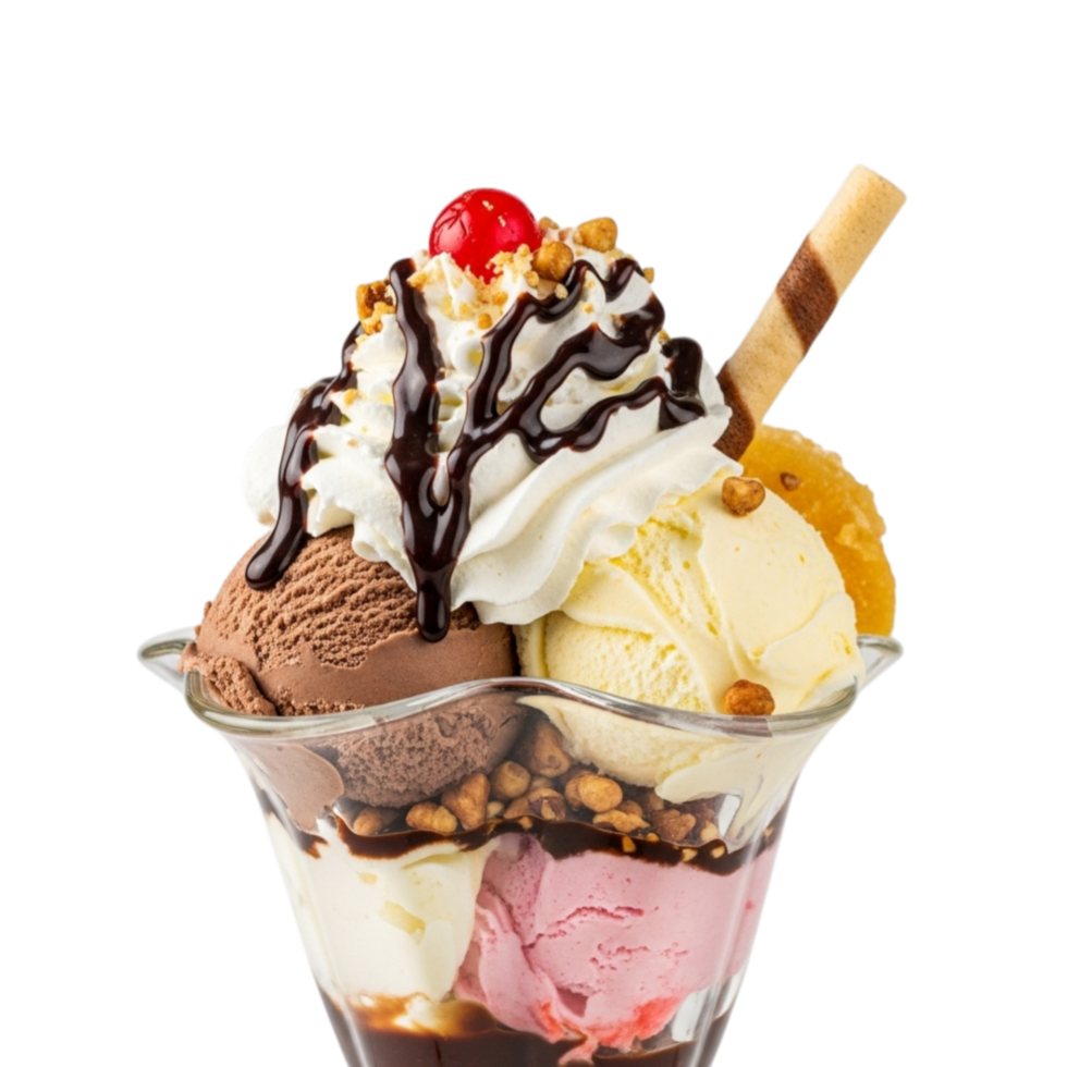 Delicious multi layered ice cream sundae with whipped cream chocolate syrup nuts and cherry isolated on transparent background png