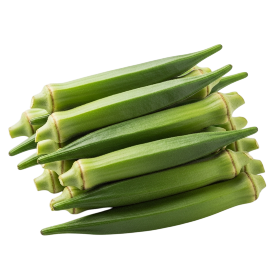 Fresh green okra pods stacked together in a pile isolated on transparent background png