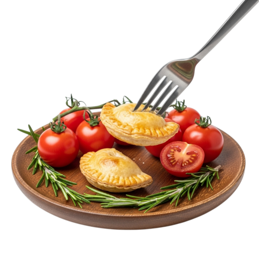 Golden baked empanadas with fresh cherry tomatoes and rosemary on a wooden plate isolated on transparent background png