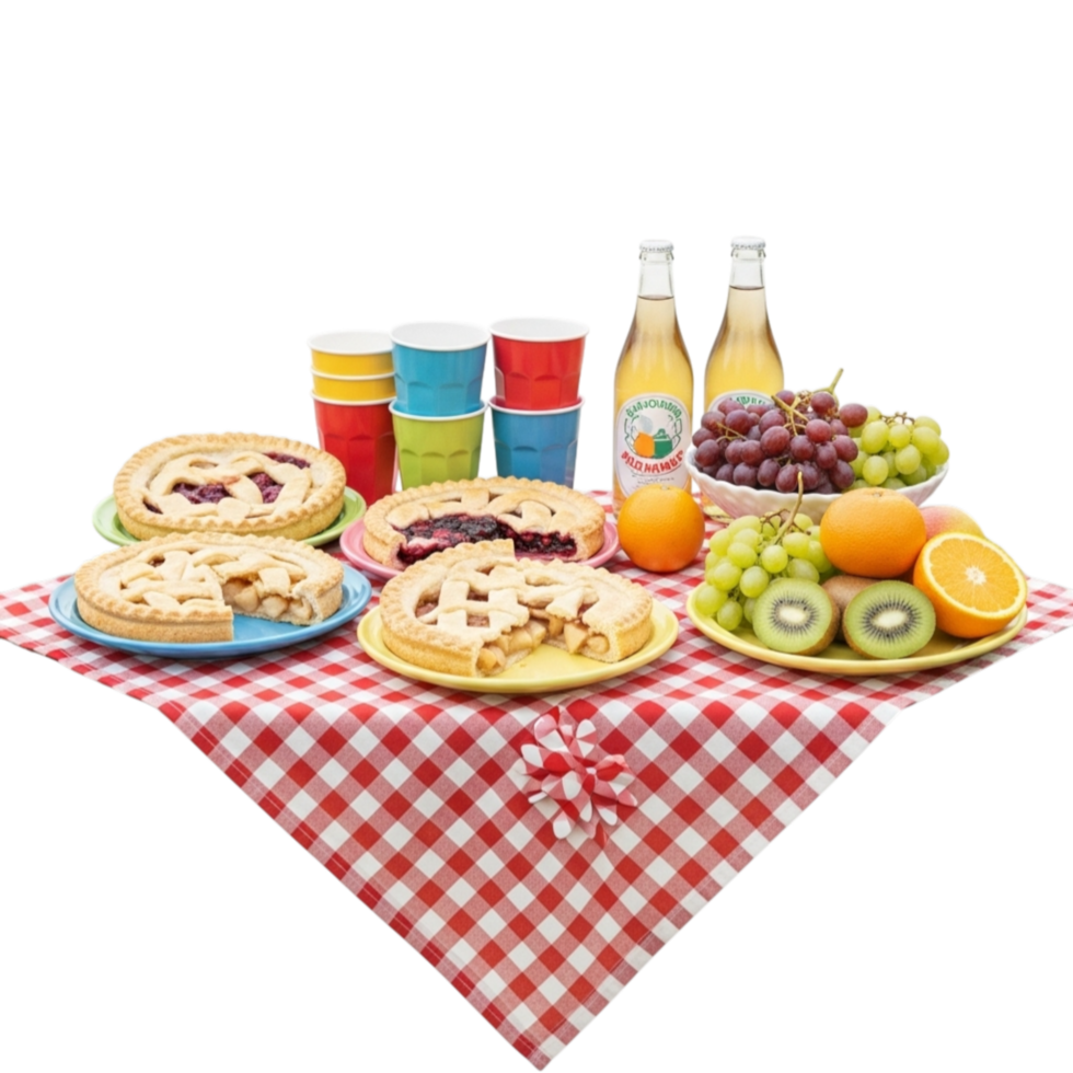 Delicious picnic spread featuring pies fruit drinks and cups on a red and white gingham blanket isolated on transparent background png