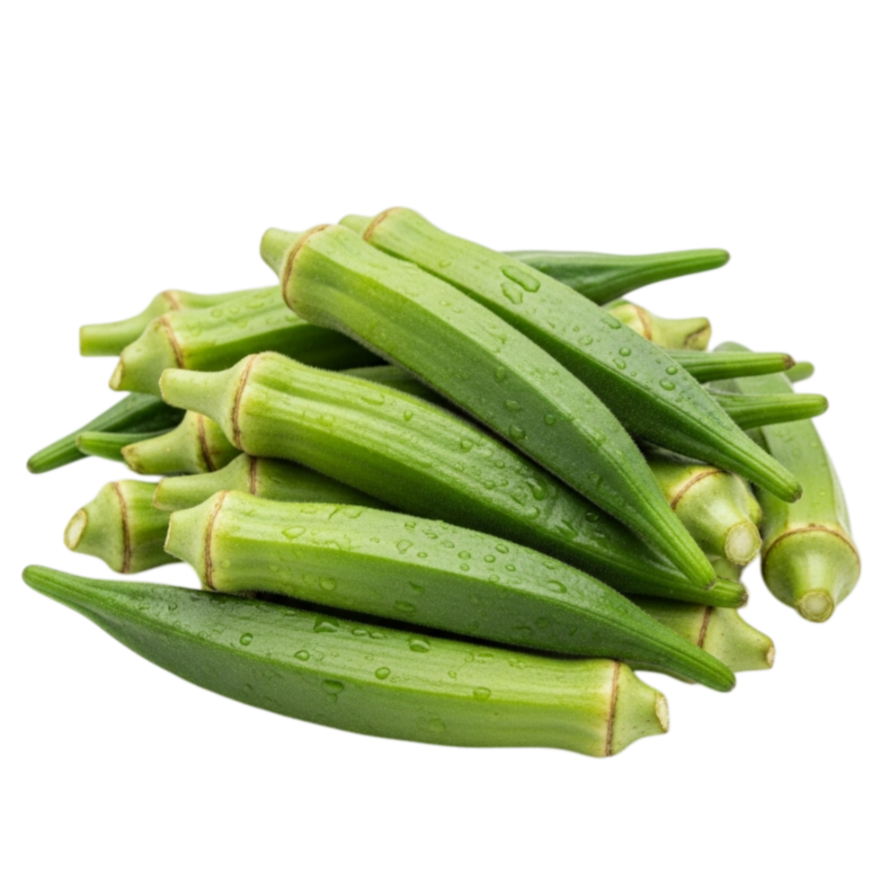A healthy pile of fresh green okra pods showcasing their ribbed texture and tapered shape isolated on transparent background png