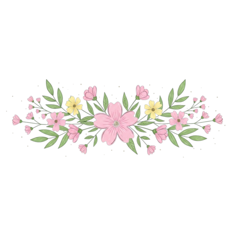 Delicate watercolor floral arrangement with pink and yellow blossoms and green leaves isolated on transparent background png