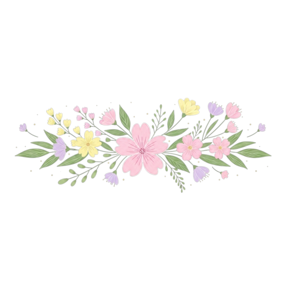 Delicate watercolor floral arrangement featuring pink cherry blossoms and green leaves isolated on transparent background png