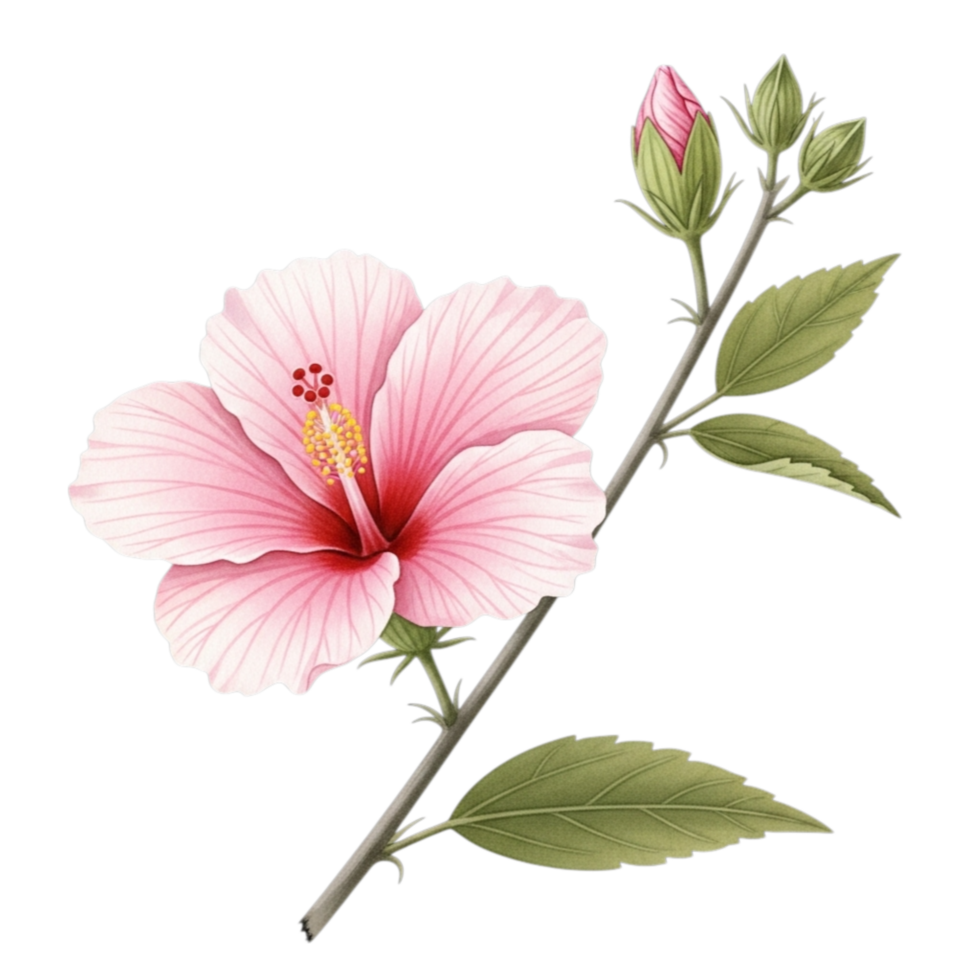 Delicate pink hibiscus flower with bud and leaves isolated on transparent background png
