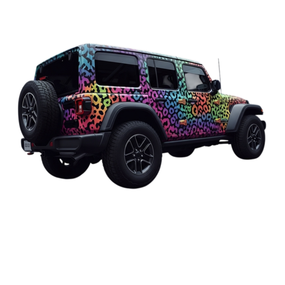 Vibrant custom jeep wrangler with colorful abstract pattern parked in a field of roses and hydrangeas isolated on transparent background png