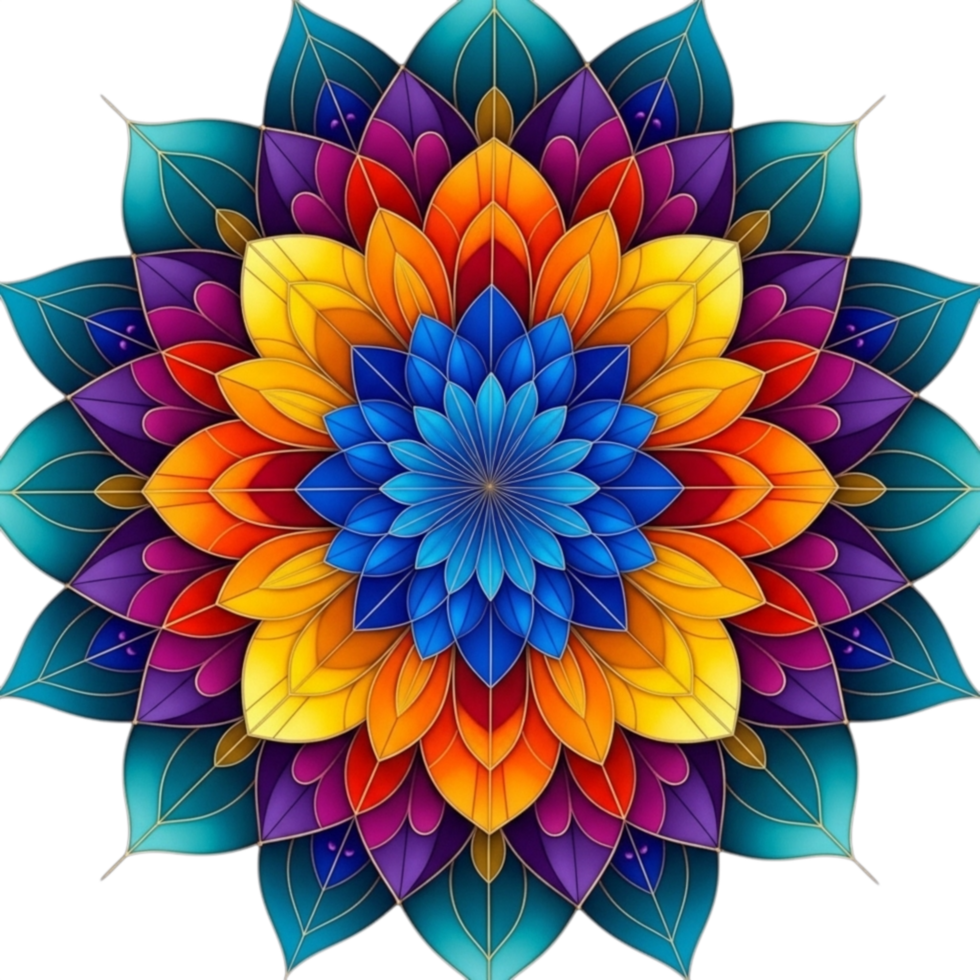 Vibrant psychedelic mandala flower with intricate petals and rainbow color gradient isolated on transparent background png