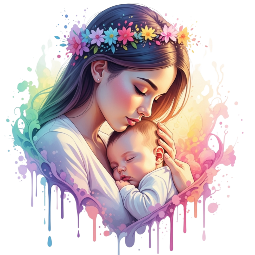 Tender watercolor illustration of a mother embracing her sleeping baby adorned with a floral crown isolated on transparent background png