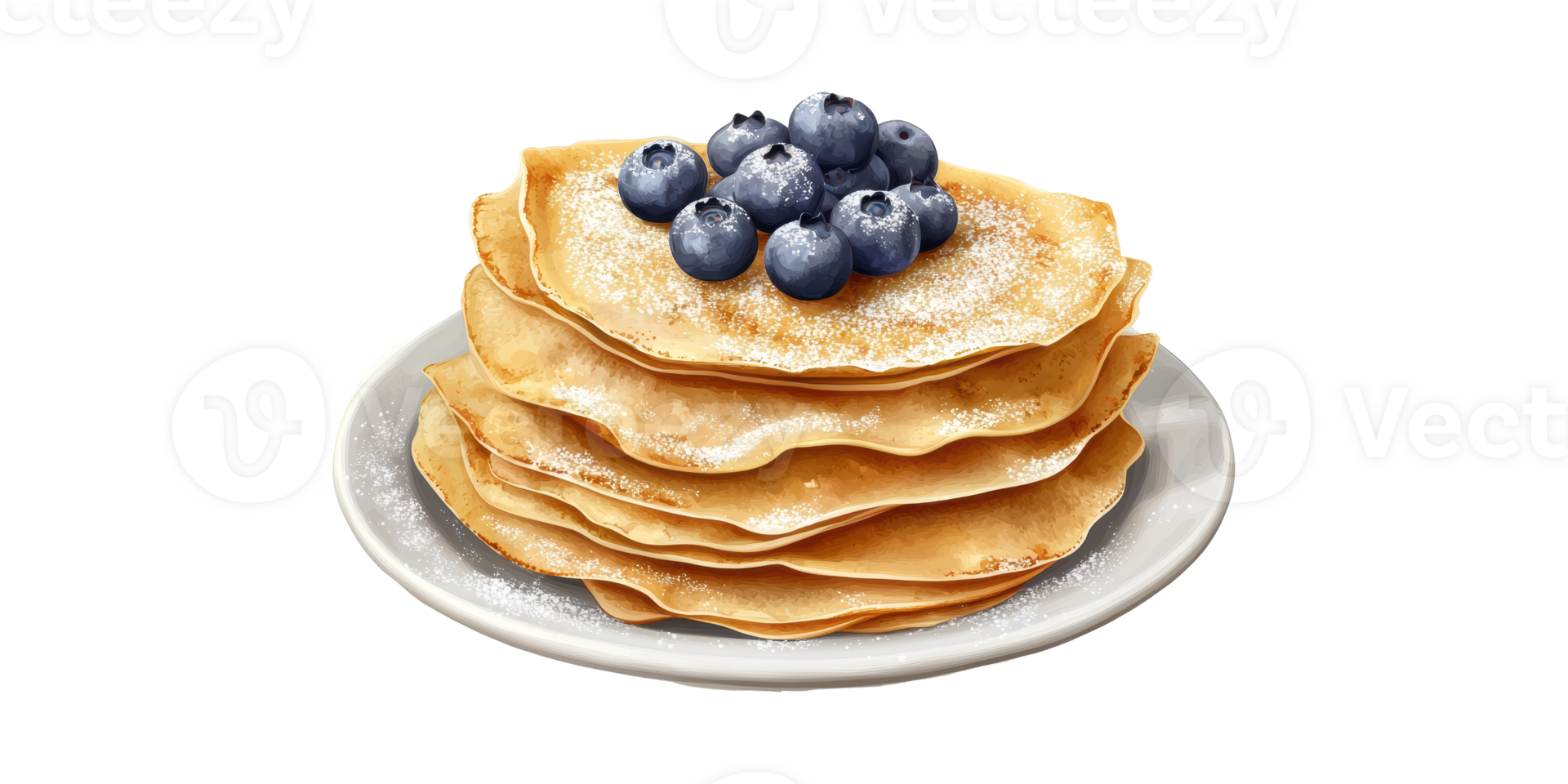 Stack Of Pancakes With Blueberries And Powdered Sugar. Delicious Breakfast Concept Isolated On Transparent Background png