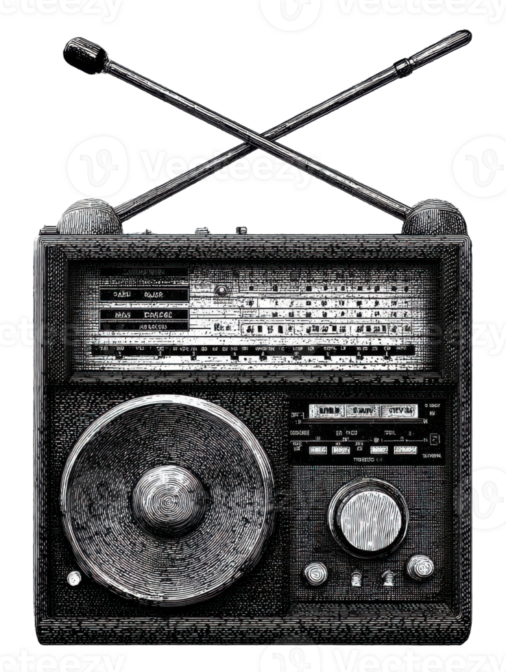 Vintage Radio With Antennas In Retro Engraving. Analog Audio Device Illustration Isolated On Transparent Background png