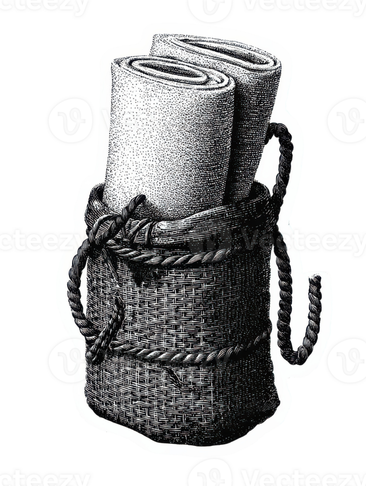 Vintage Woven Basket With Rolled Fabrics. Retro Engraving Illustration Isolated On Transparent Background png