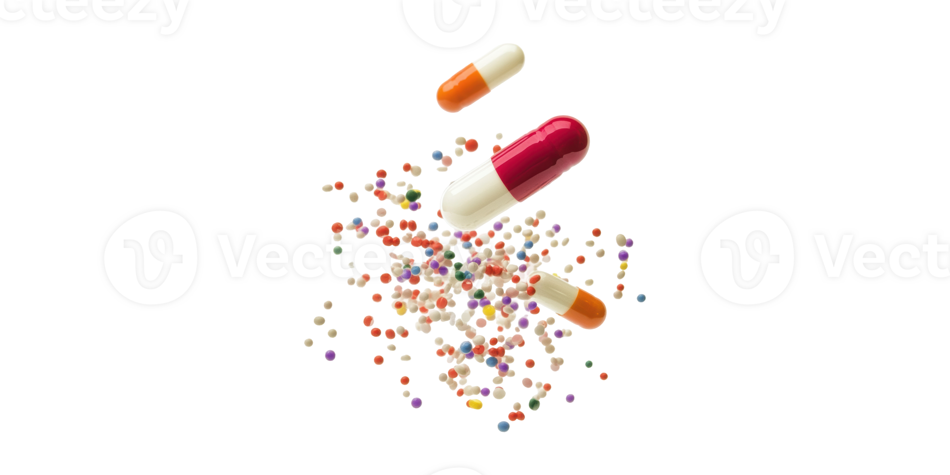 Colorful Capsules And Granules. Pharmaceutical Innovation And Drug Delivery Isolated On Transparent Background png