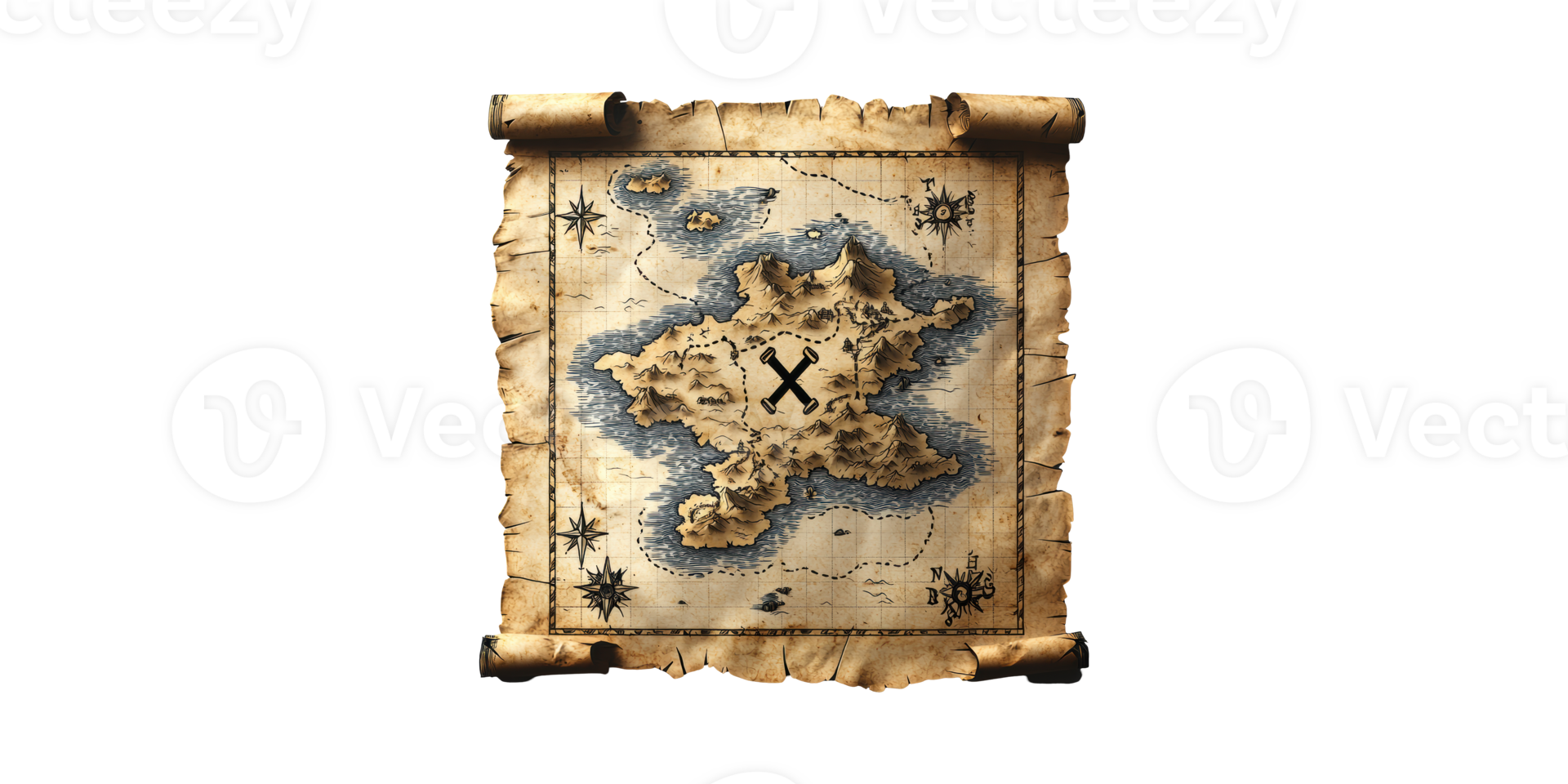 Antique Treasure Map With Island And Crossed Tools. Adventure And Exploration Theme Isolated On Transparent Background png