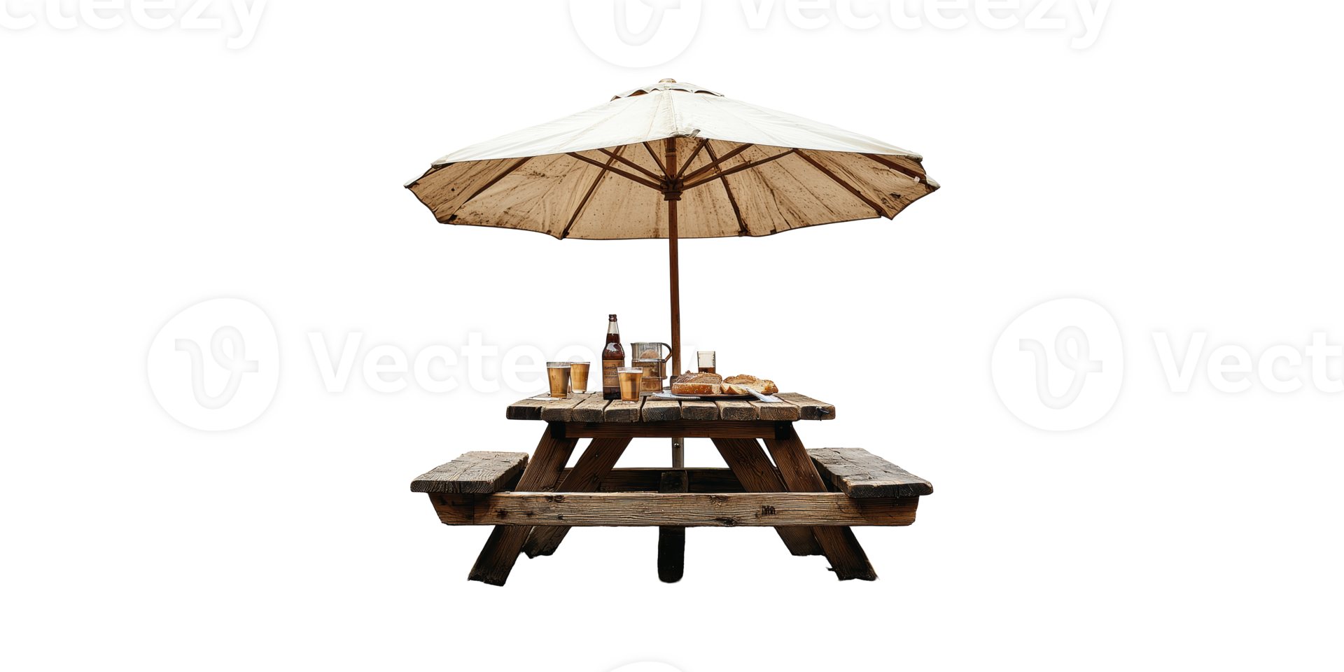 Outdoor Picnic Table With Umbrella And Refreshments. Rustic Dining Experience In Nature Isolated On Transparent Background png