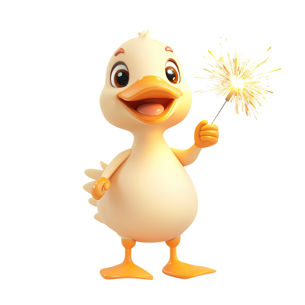 A cheerful cartoon duck holds a sparkler isolated on a transparent background. png