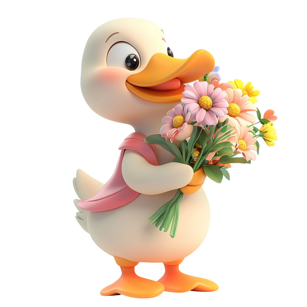 Cute cartoon duck with a bouquet of flowers isolated on a transparent background. png