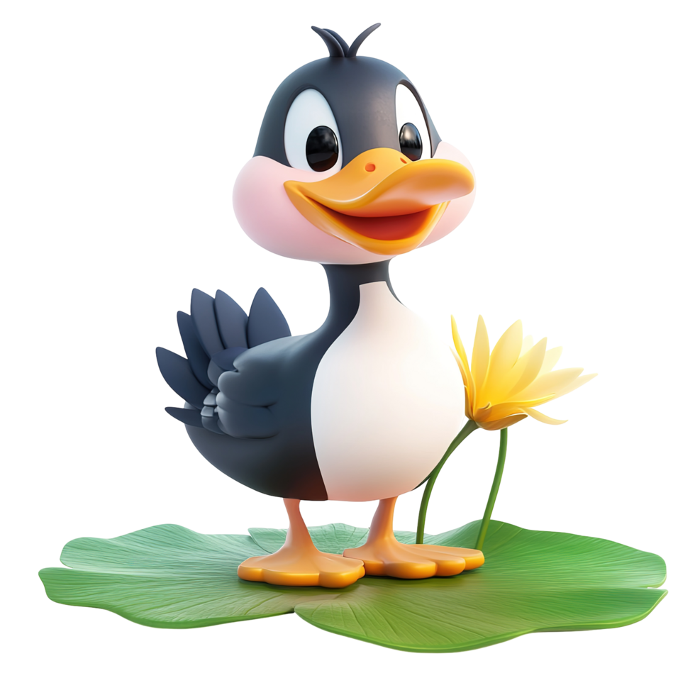 Cheerful cartoon duckling on a lily pad isolated on a transparent background. png