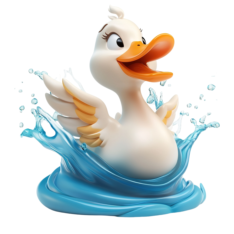 Happy duckling splashes playfully in water isolated on a transparent background. png