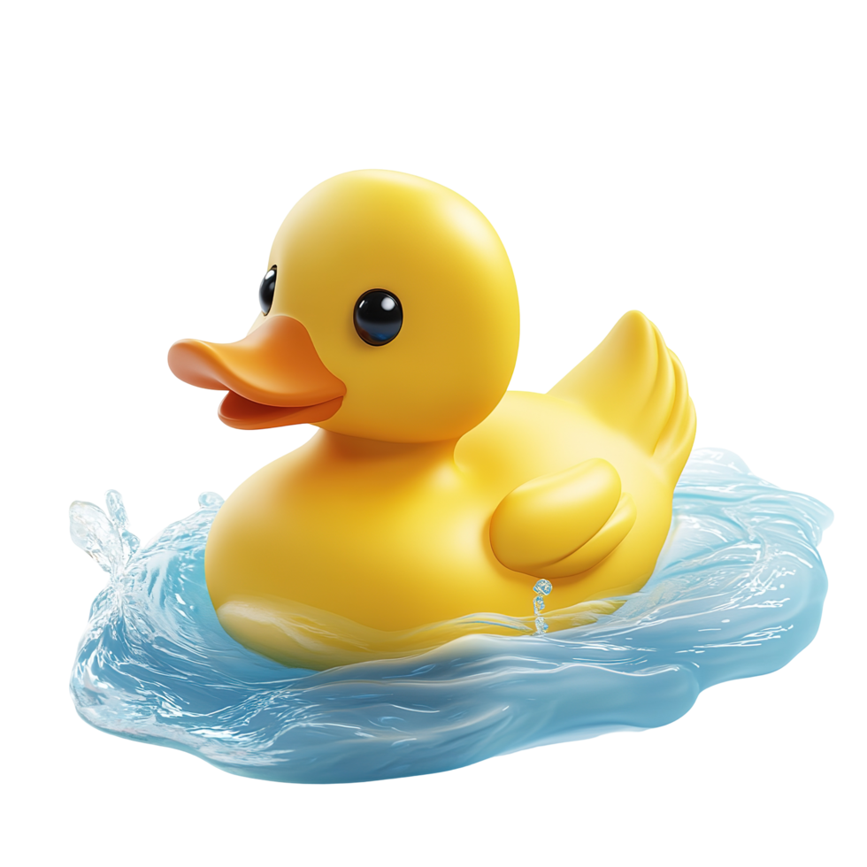 Playful yellow rubber duck floating on water isolated on a transparent background. png