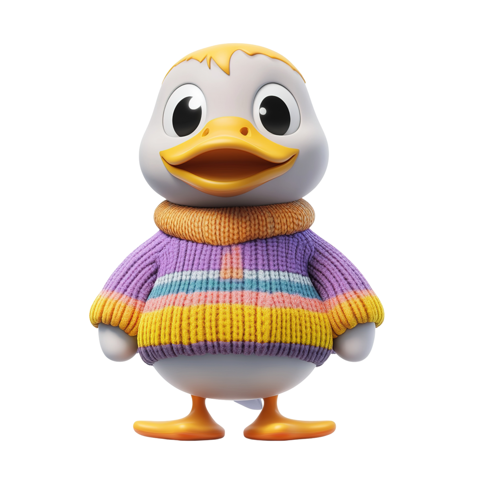 Knitted duck wearing a colorful sweater isolated on a transparent background. png