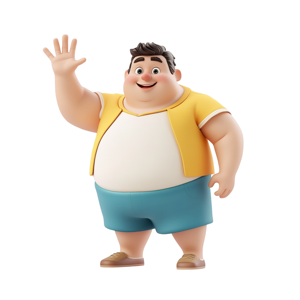 Cartoon character of a friendly, chubby person waving isolated on a transparent background.fat png