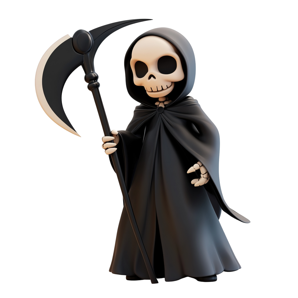 Cartoon grim reaper figure holding a scythe isolated on a transparent background. png