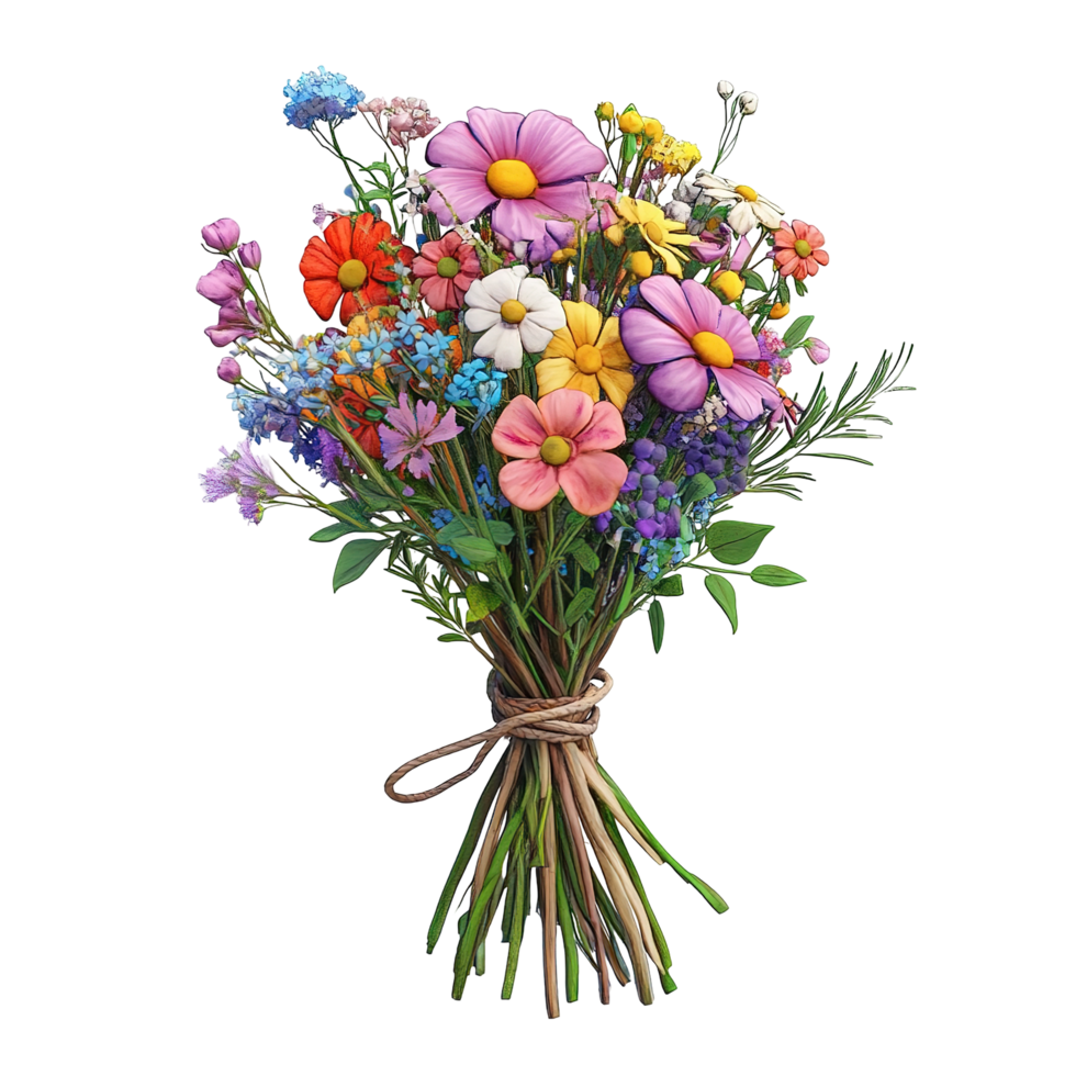 A colorful bouquet of various wildflowers tied with twine isolated on a transparent background. png