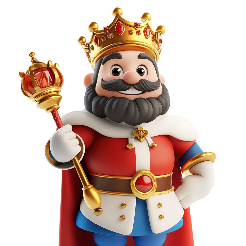 Cartoon king character with a crown and scepterisolated on a transparent background. png