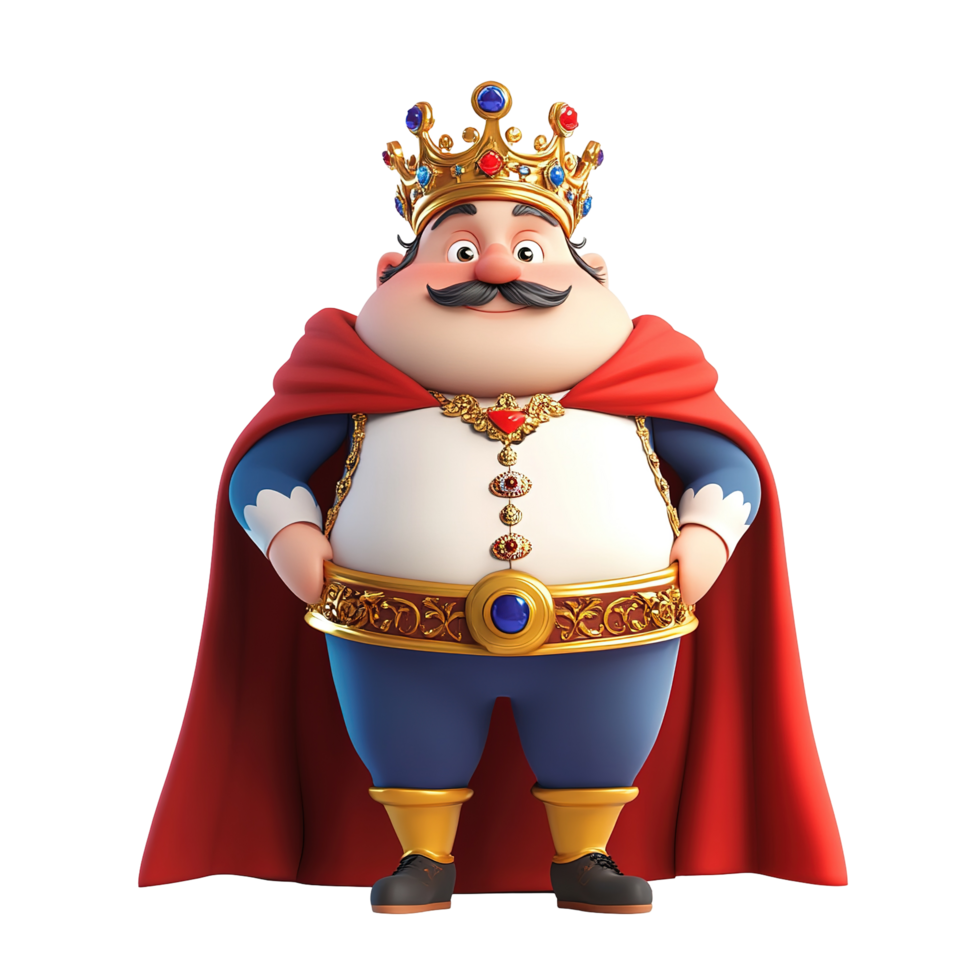 Cartoon king character with crown and capeisolated on a transparent background. png