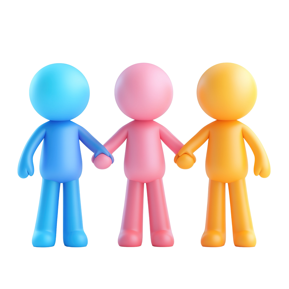 Three cartoon figures holding handsisolated on a transparent background. png