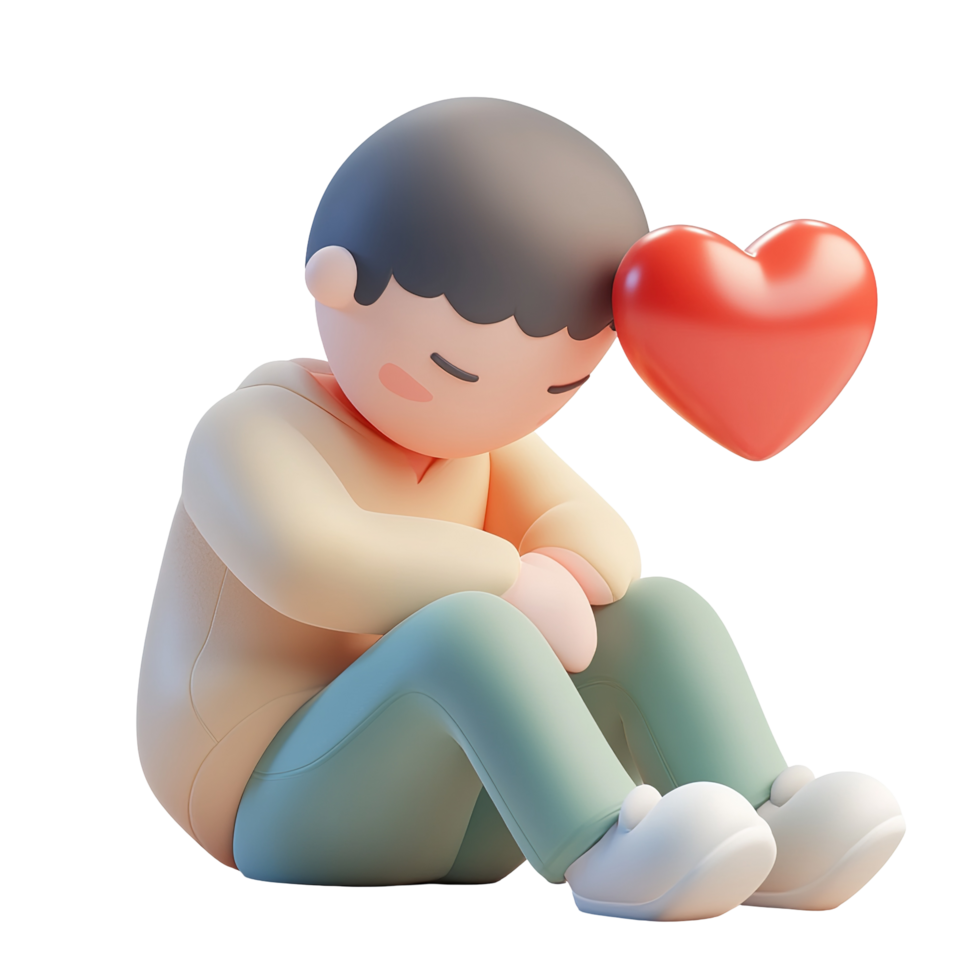 A sad figure sits with a large heart above its head isolated on a transparent background. png