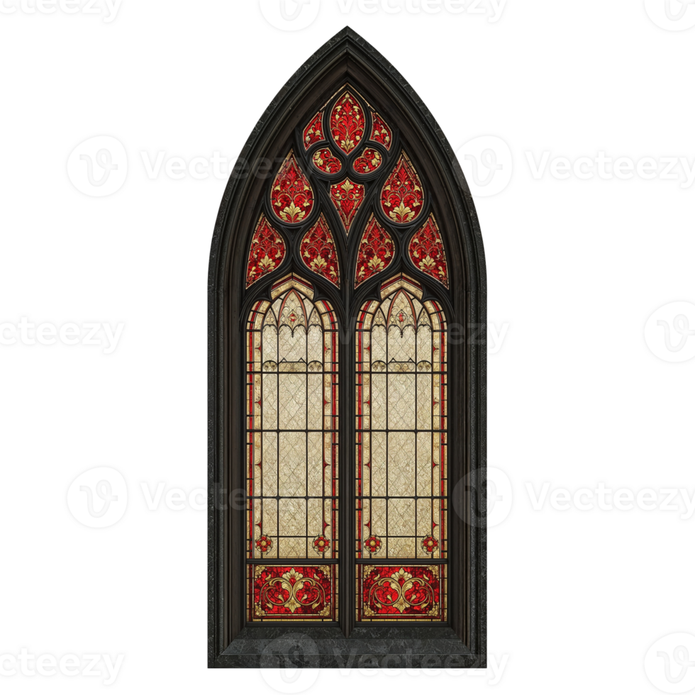 Intricate gothic style window with floral stained glass design with isolated view png