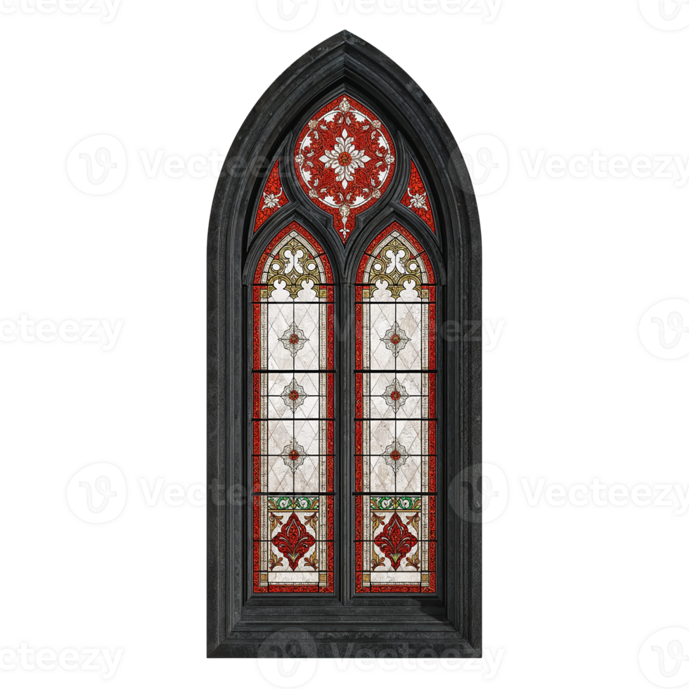 Elaborate gothic window art display with intricate patterns and vibrant color palette design png