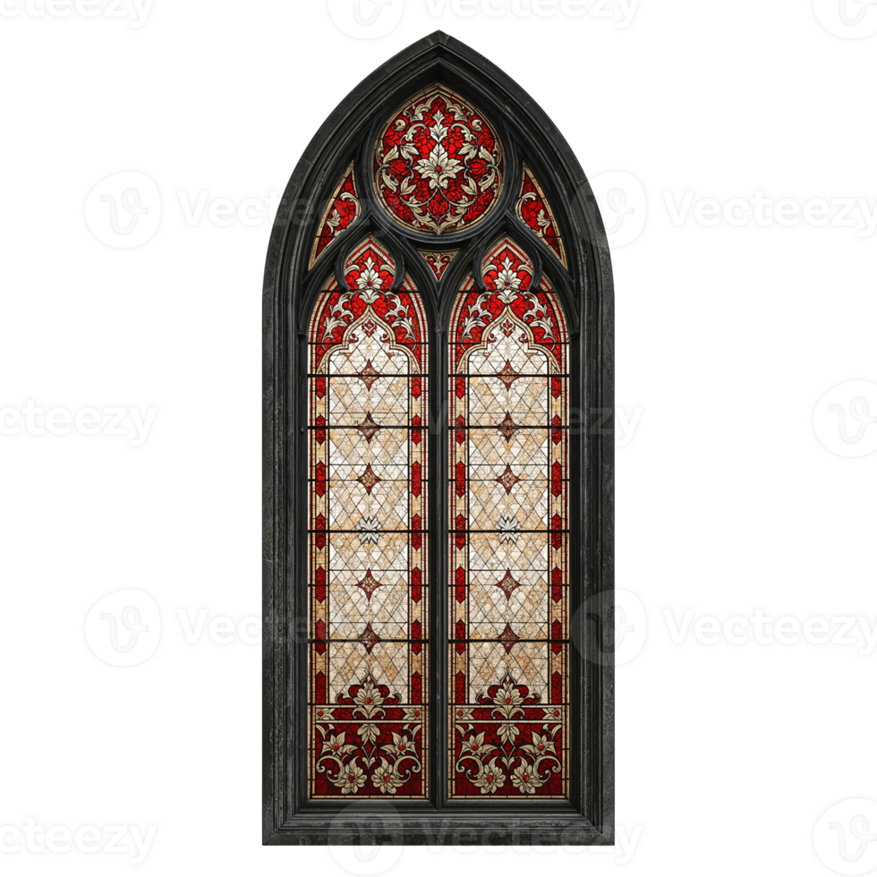 Intricate gothic stained glass window displaying elaborate red and gold ornamentation isolated on png