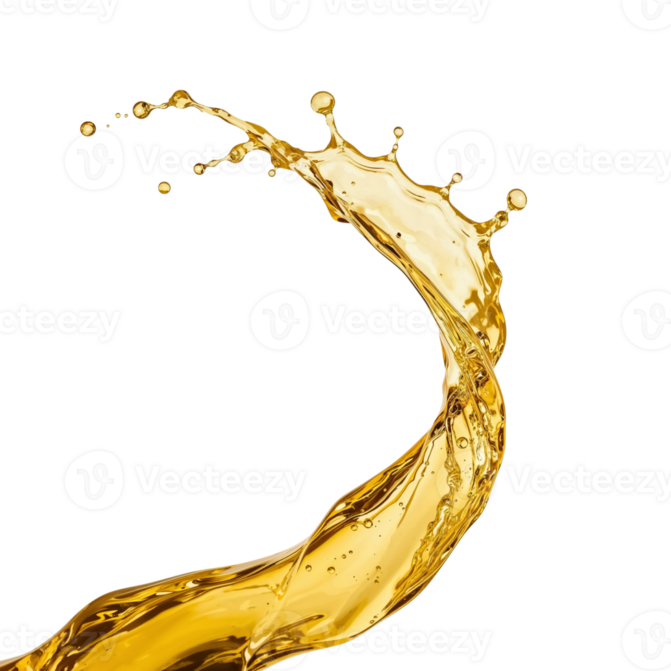 Dynamic liquid splash isolated, golden fluid with droplet formations on transparent backdrop png