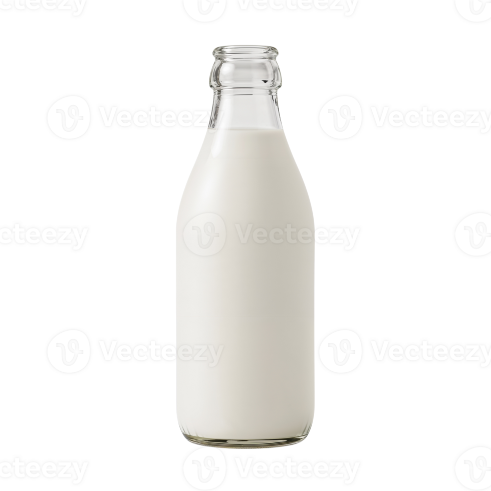 Glass bottle filled with fresh dairy milk against an isolated minimalist layout png