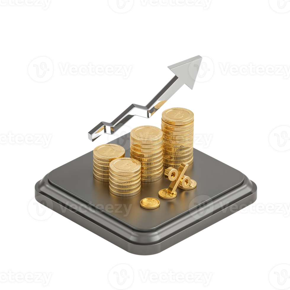 Financial Growth Illustration with Coins, Arrow, and Percentage Symbol on Gray Podium png