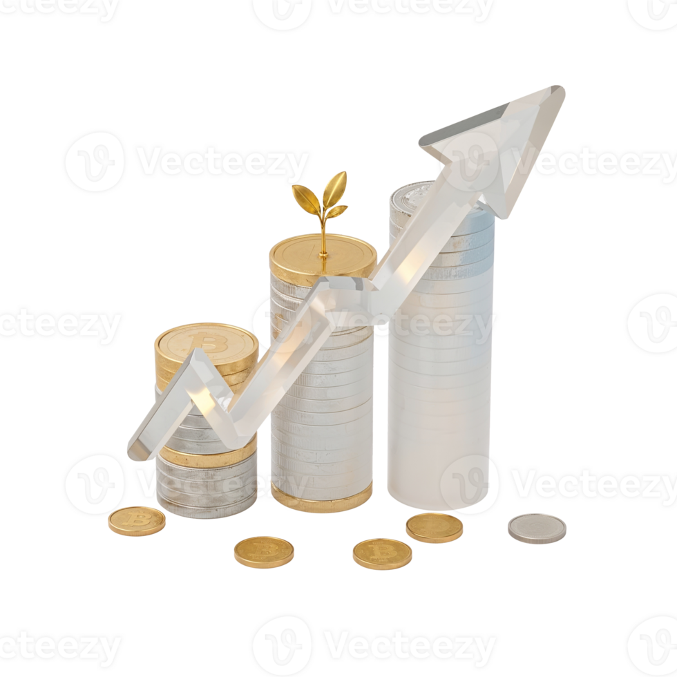 Financial growth concept with coins stacking and upward pointing arrow on transparent isolated png