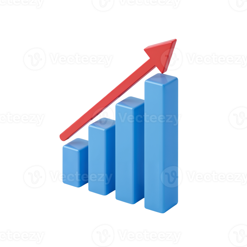 Financial progress illustration featuring blue bars and a red arrow on transparent png