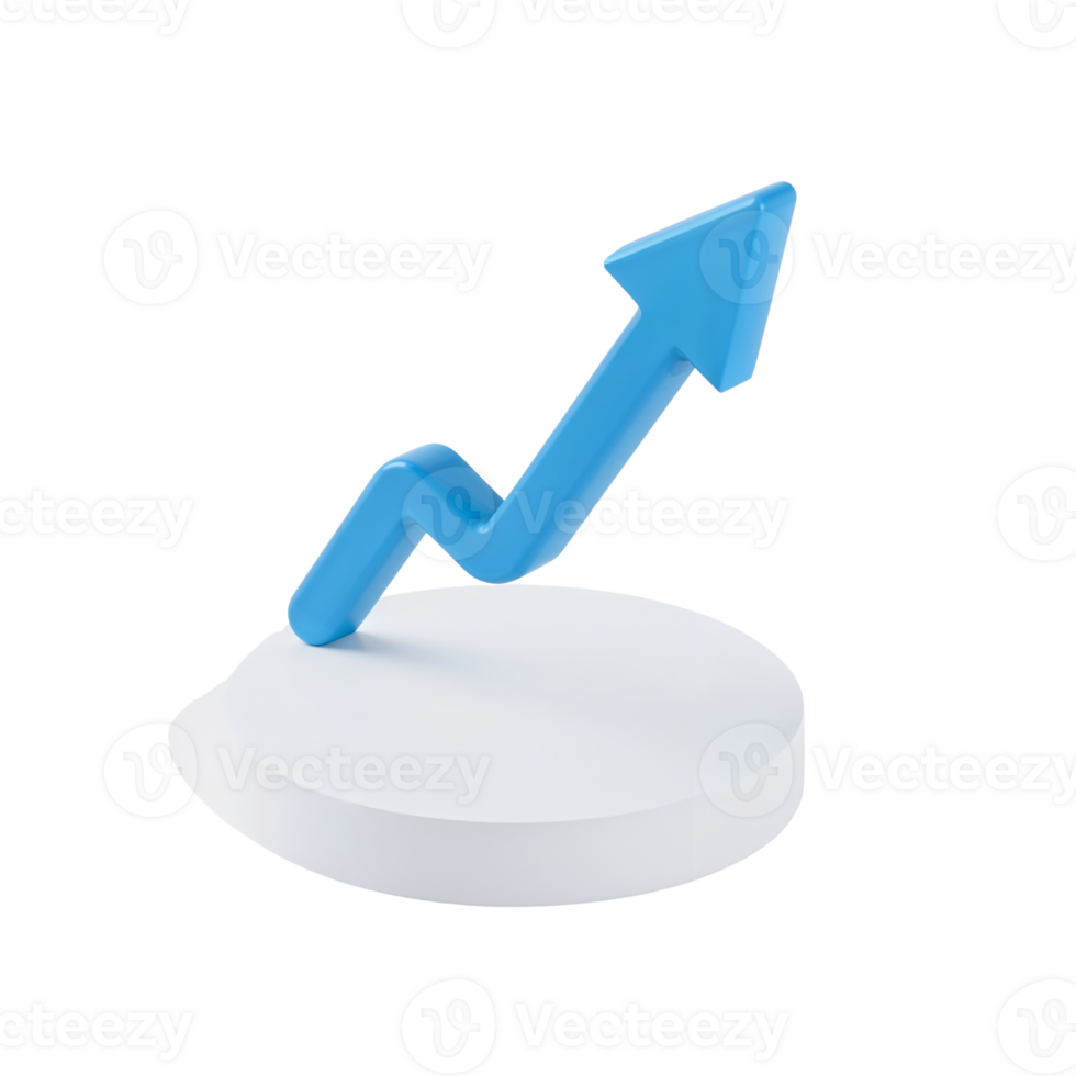 Optimistic 3D rendering with a blue arrow showing progress pointing upwards on white stand png